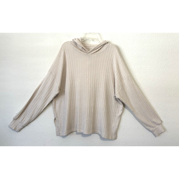 American Eagle Outfitters Tops - American Eagle Soft Hoodie Ribbed Knit Hoodie Beige Oversized Slouchy Pullover S